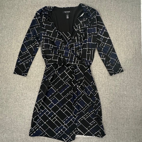 White House Black Market Faux‎ Wrap Dress XXS Black Blue White Elastic Waist - Picture 1 of 12